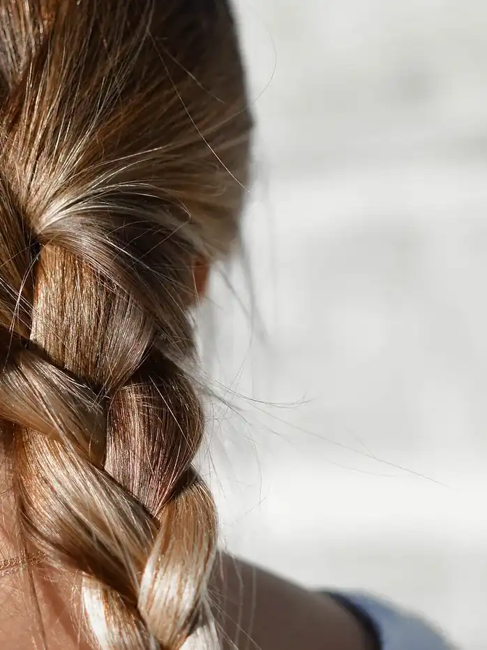 A loose single plait of light brown hair, seen from behind